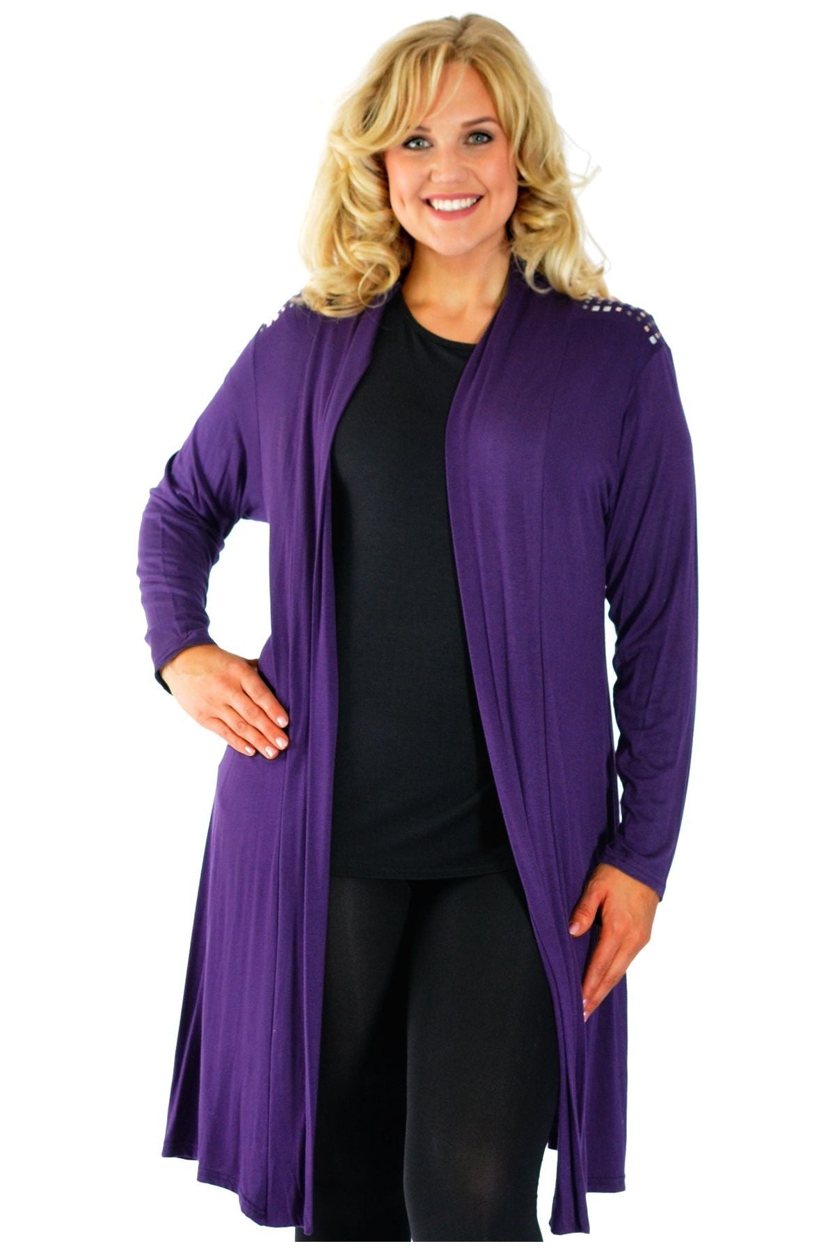 Plus Size Long Sleeve Spike Maxi Cardigan Maxi Cardigan WearAll Purple 16-18