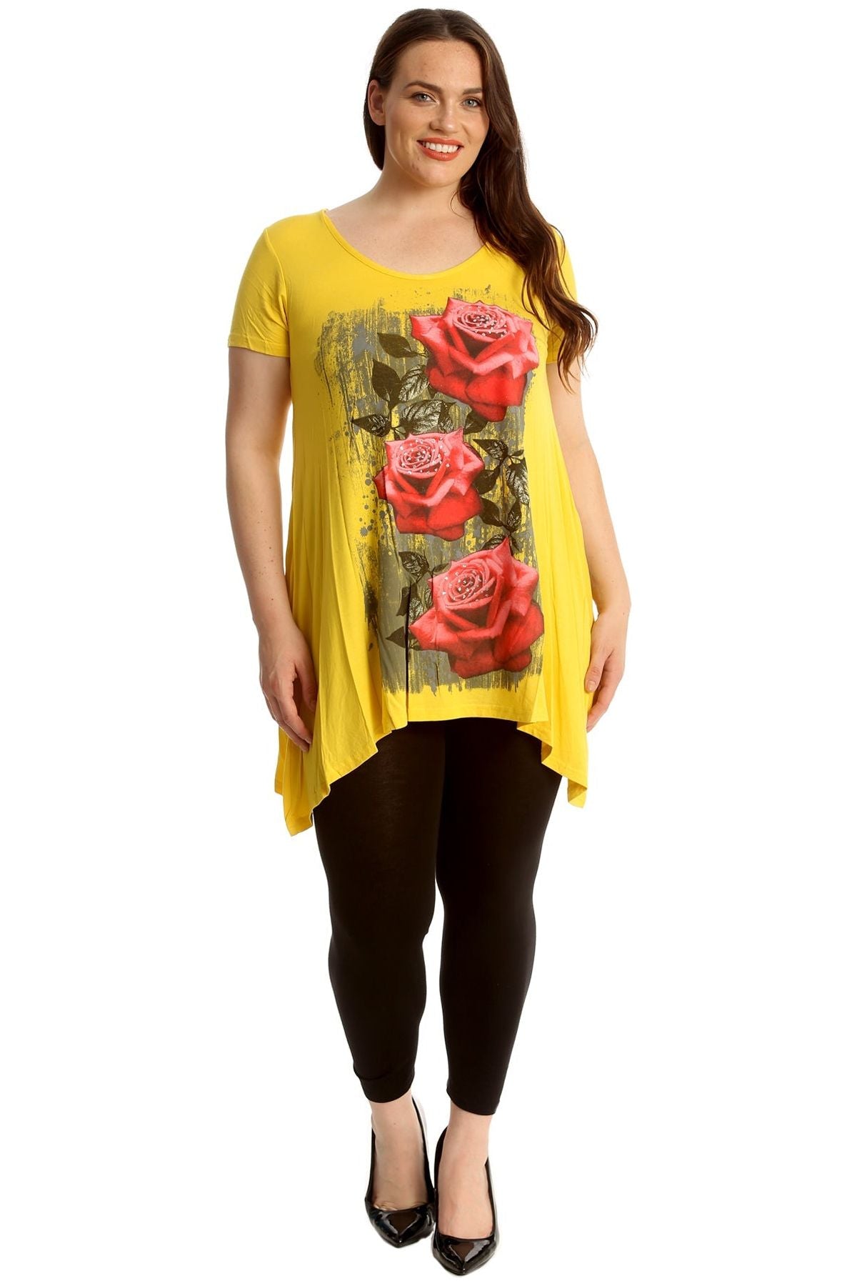 Three Rose Print Hanky Hem Short Sleeve Top