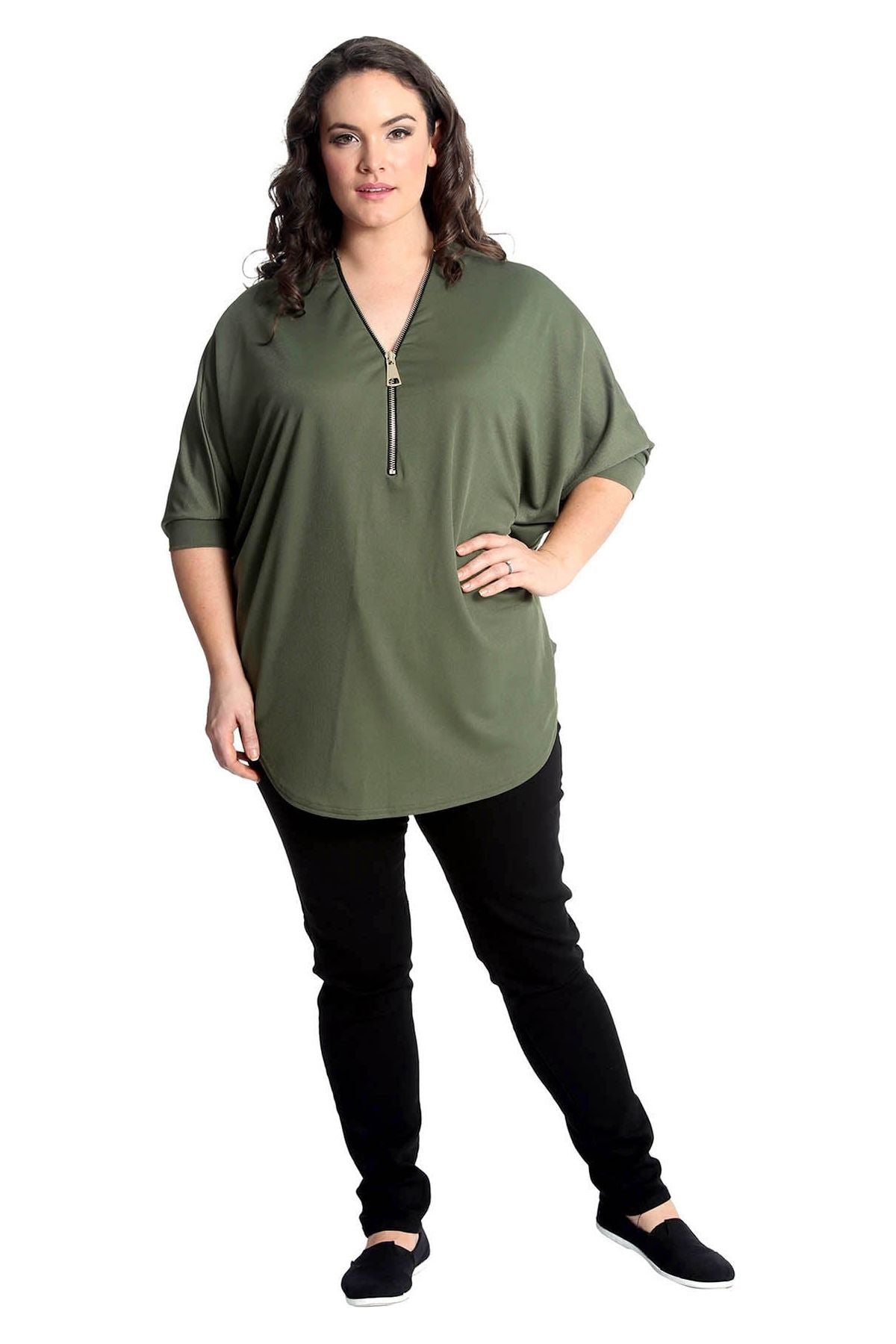 Plus Size Zip Curved Hem V-Neck Batwing Sleeve Top Tops WearAll