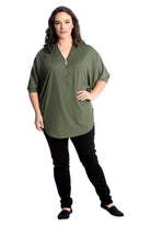 Plus Size Zip Curved Hem V-Neck Batwing Sleeve Top Tops WearAll