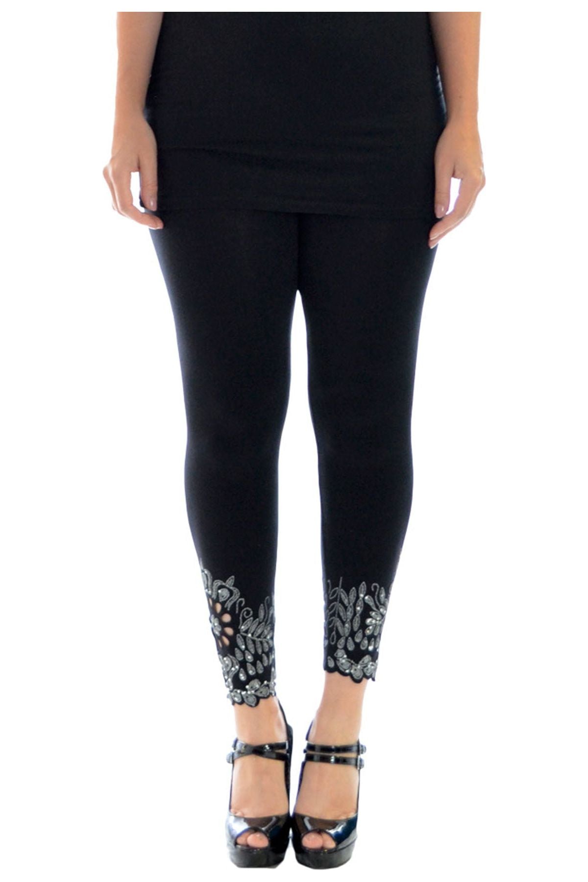 Plus Size Sequin Scallop Beaded Flower Petal Leggings Leggings WearAll Black 16-18