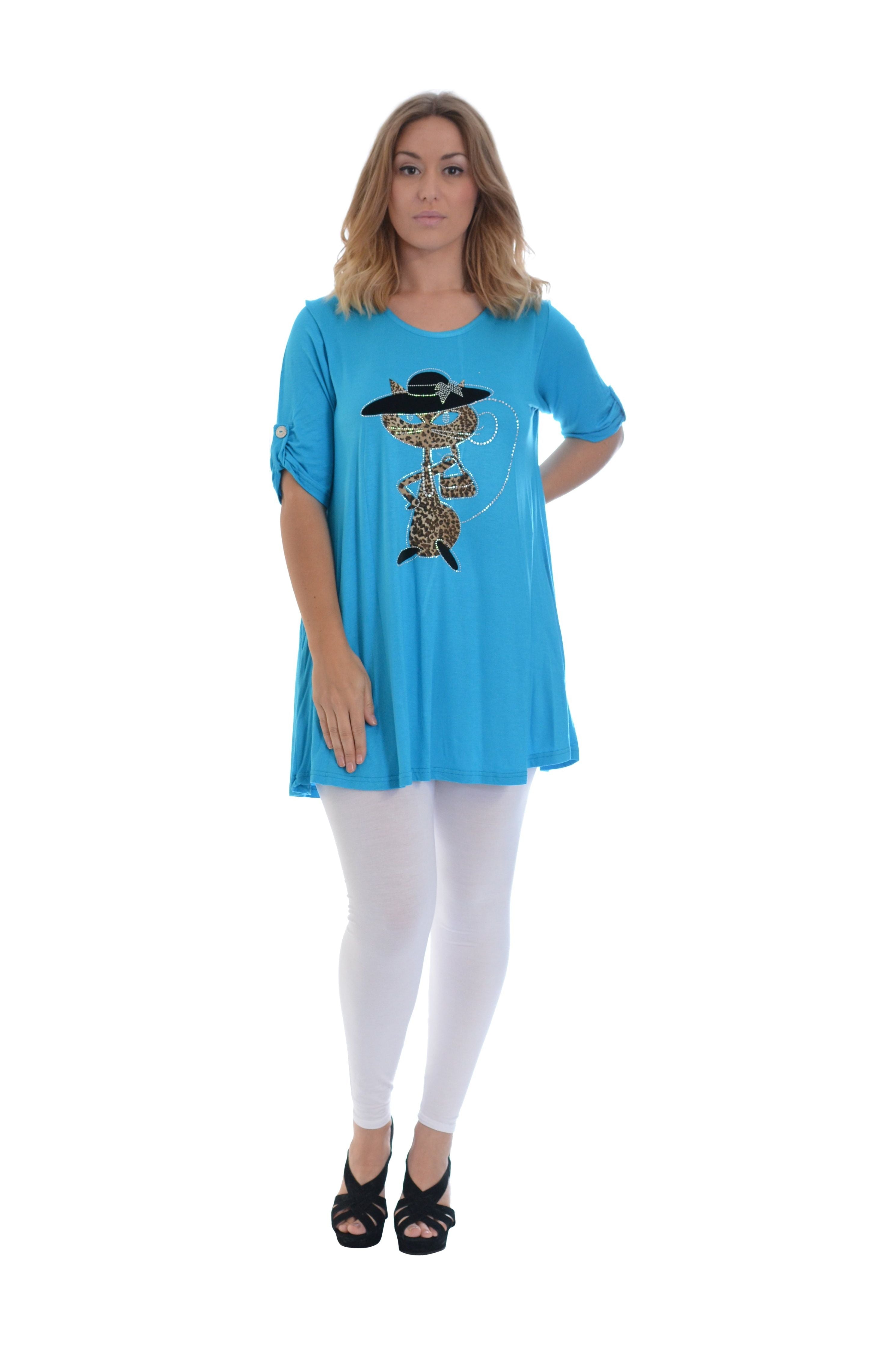 Cat With Hat Stud 2 Button Top Apparel & Accessories WearAll Turquoise 14