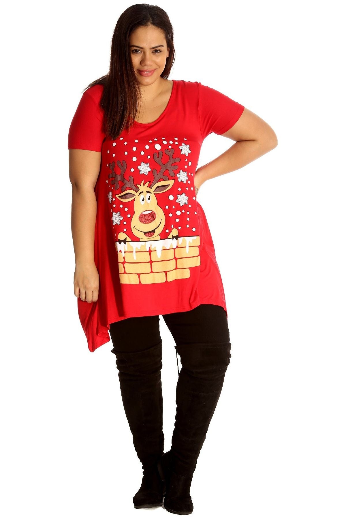Rudolph on Wall Print Hanky Hem Short Sleeve Top Apparel & Accessories WearAll