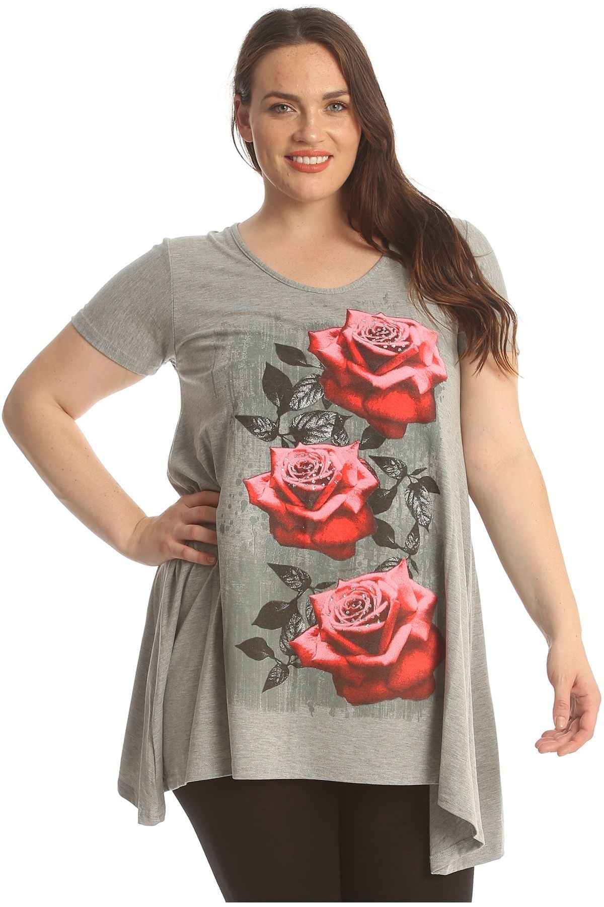 Three Rose Print Hanky Hem Short Sleeve Top Apparel & Accessories WearAll
