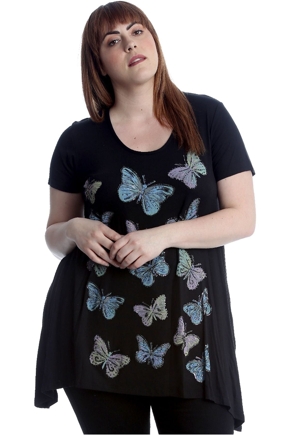 Butterfly Hanky Hem Short Sleeve Top Apparel & Accessories WearAll Black 14