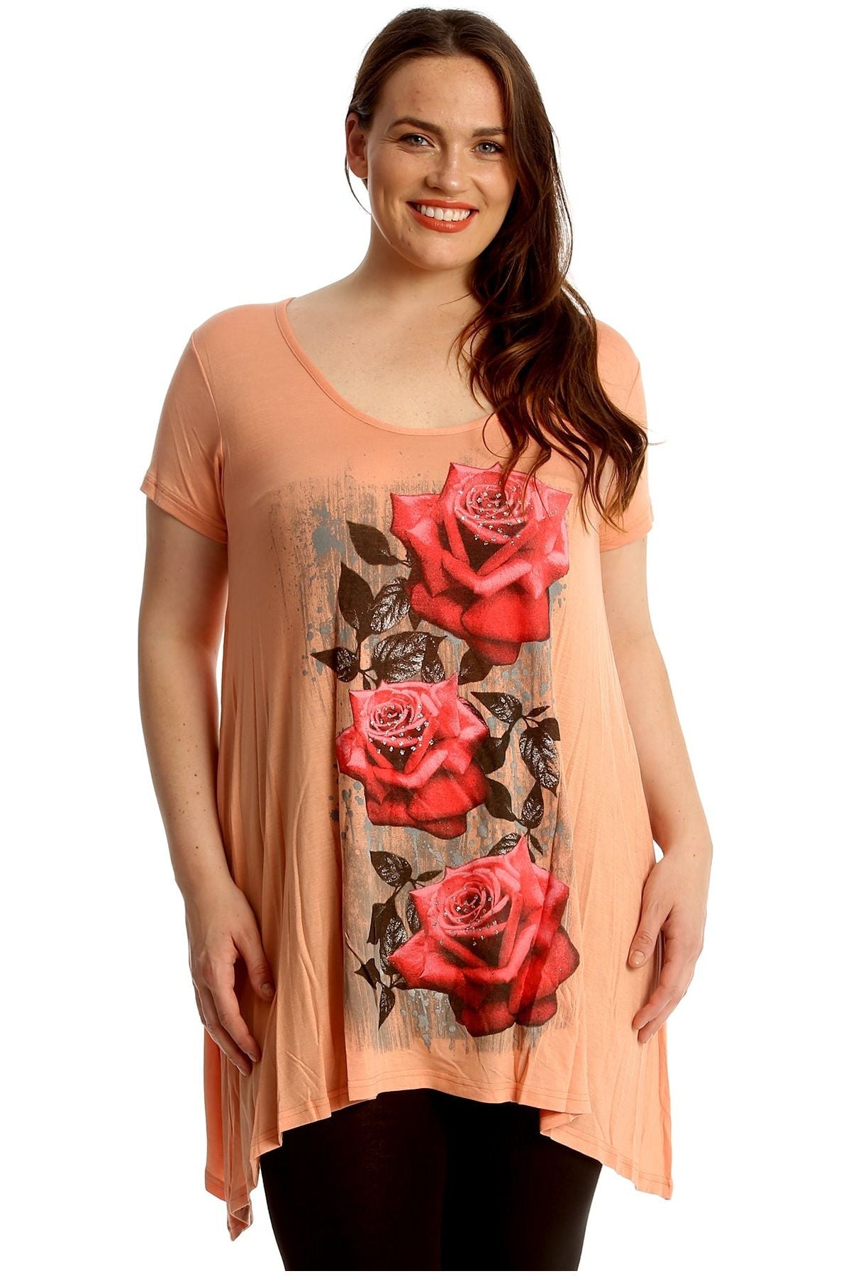 Three Rose Print Hanky Hem Short Sleeve Top Apparel & Accessories WearAll