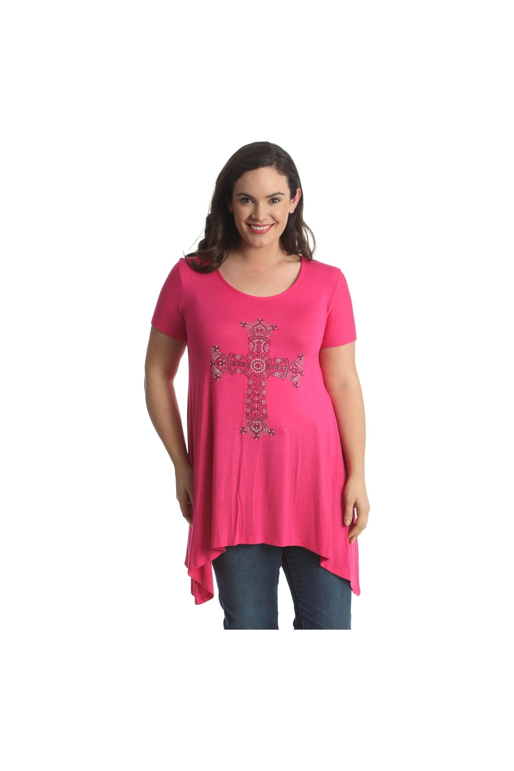 Crown Cross Stud Hanky Hem Short Sleeve Top Tops WearAll Cerise 20