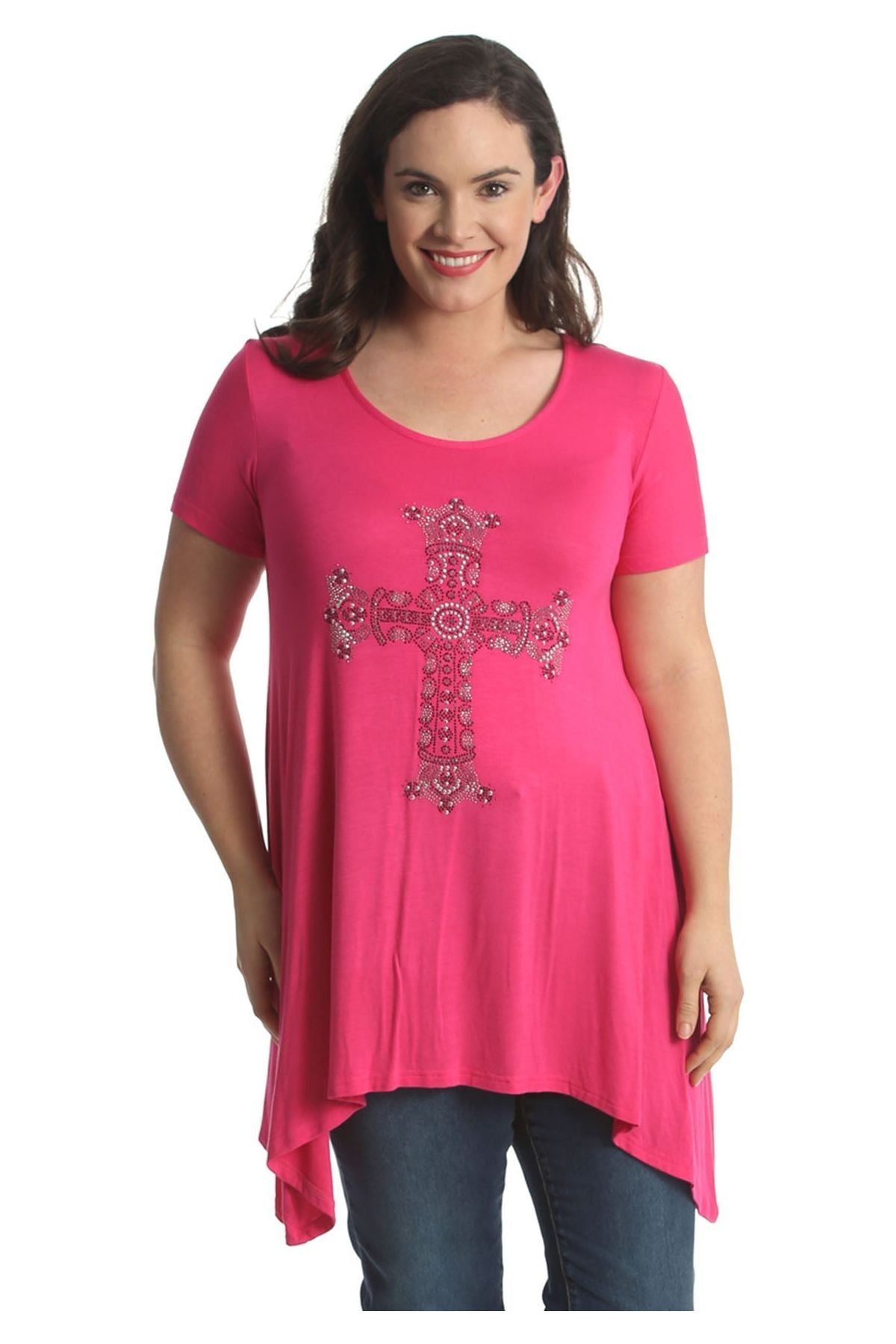 Crown Cross Stud Hanky Hem Short Sleeve Top Tops WearAll Cerise 14