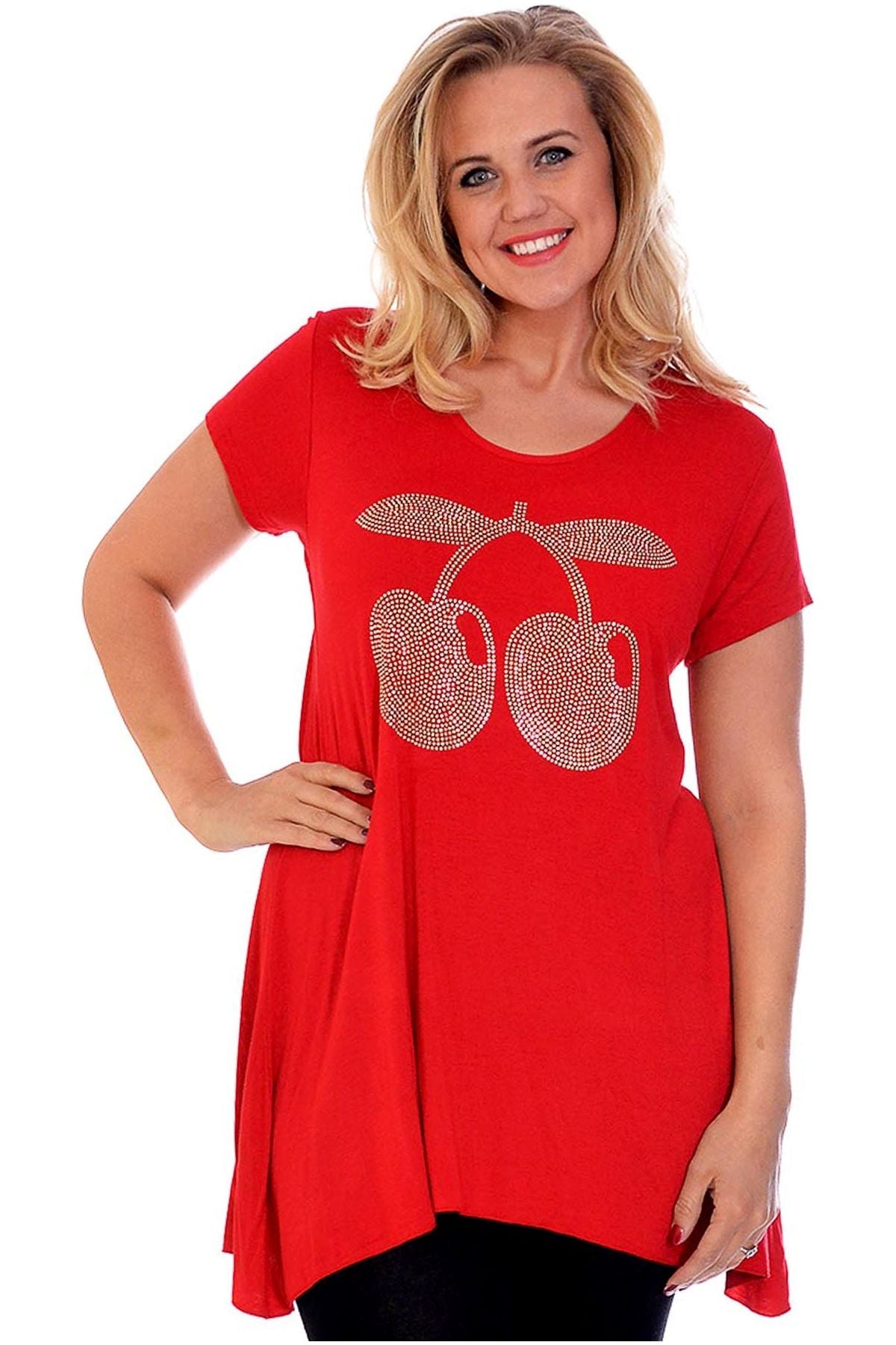 Cherry Stud Hanky Hem Short Sleeve Top Apparel & Accessories WearAll Red 14