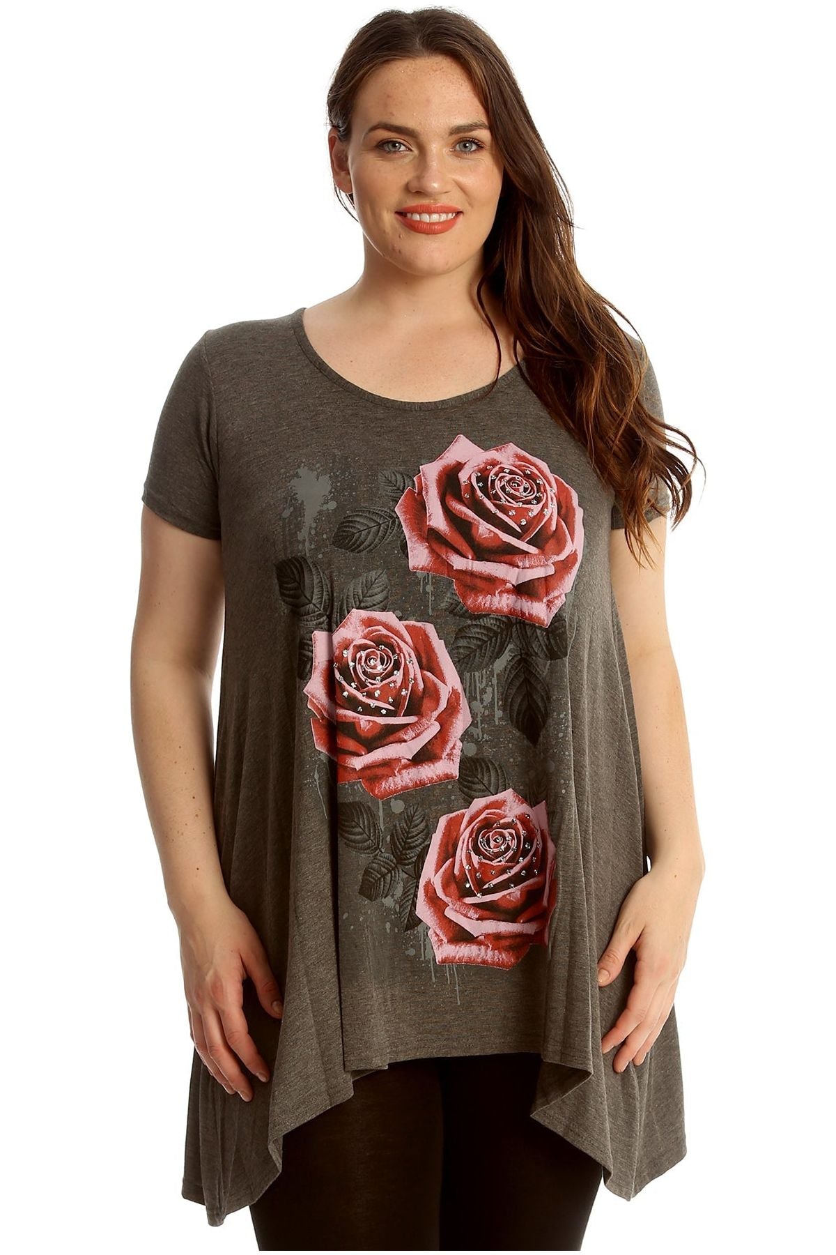 Three Rose Print Hanky Hem Short Sleeve Top Apparel & Accessories WearAll