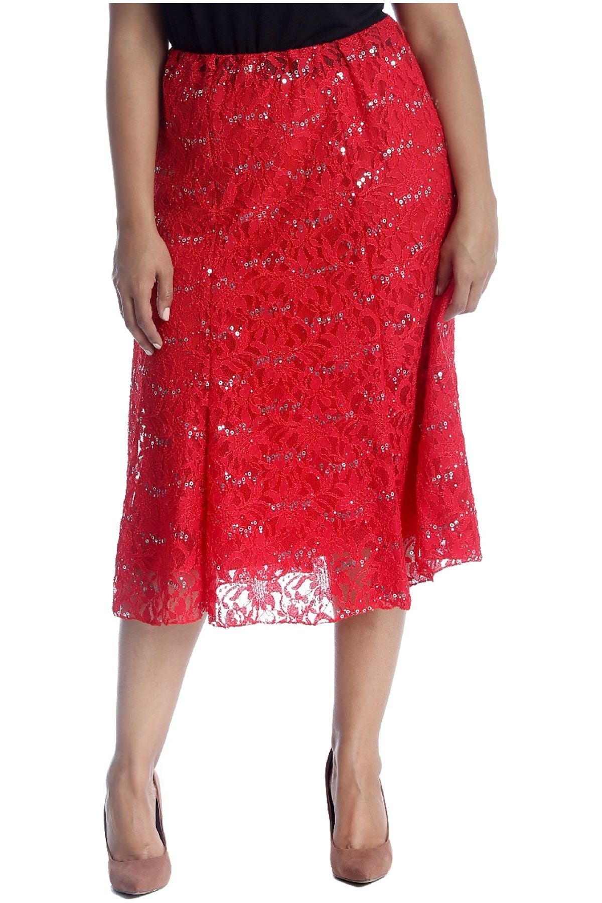 Floral Lace Lined Sequin Flared Midi Skirt Skirt WearAll