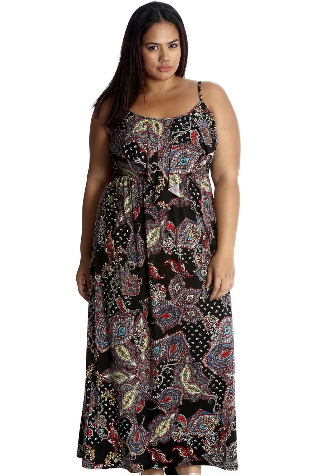 Plus Size Paisley Print Frill Maxi Dress Dress WearAll Black 14