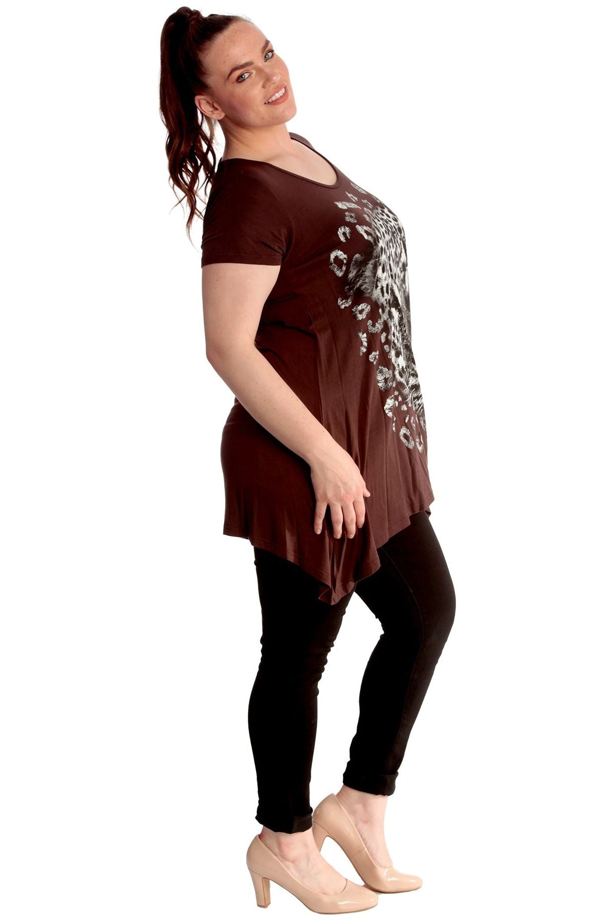 Leopard Print Hanky Hem Short Sleeve Top Tops WearAll