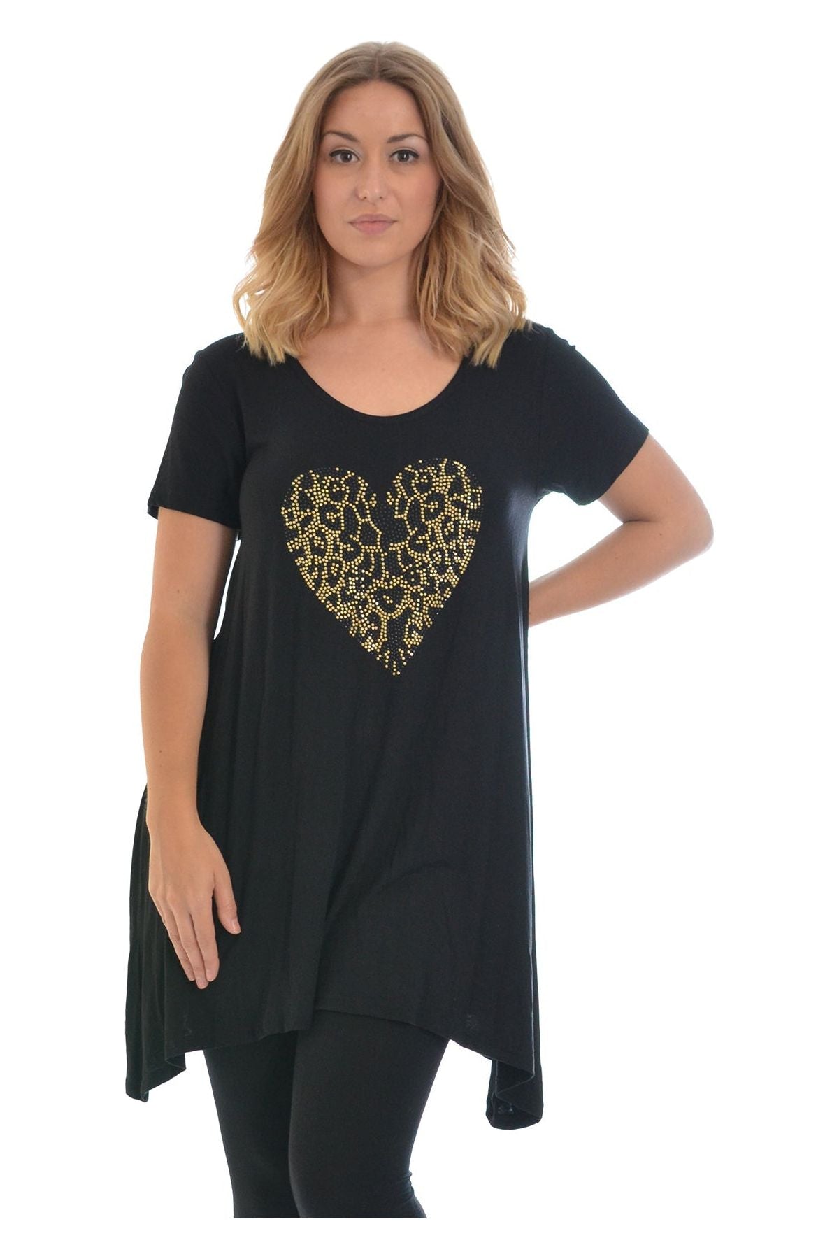 Leopard Print Studded Heart Hanky Hem Short Sleeve Top Apparel & Accessories WearAll Black 14