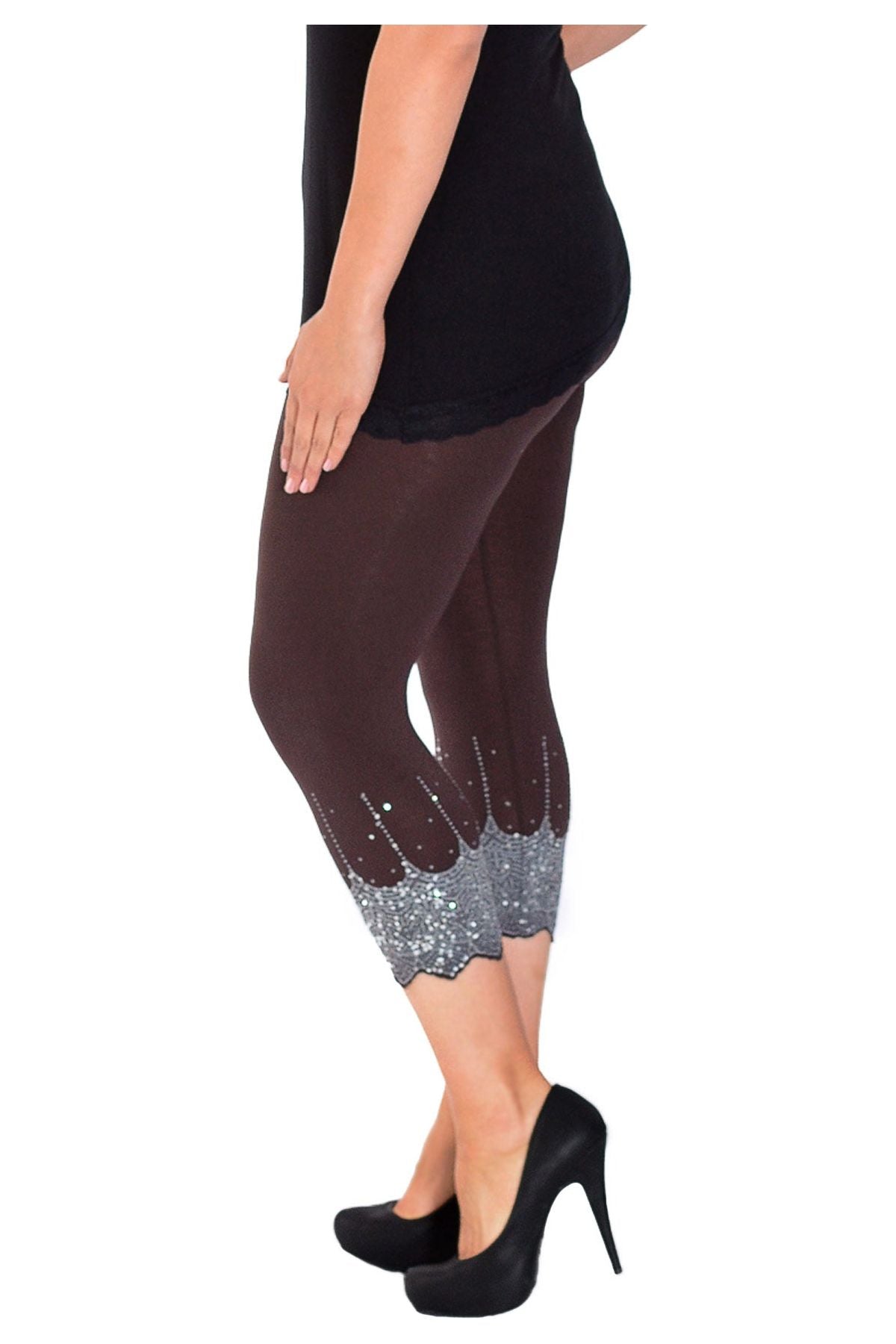 Plus Size Scallop Edge Sequin Leggings Leggings WearAll Dark Brown 16-18