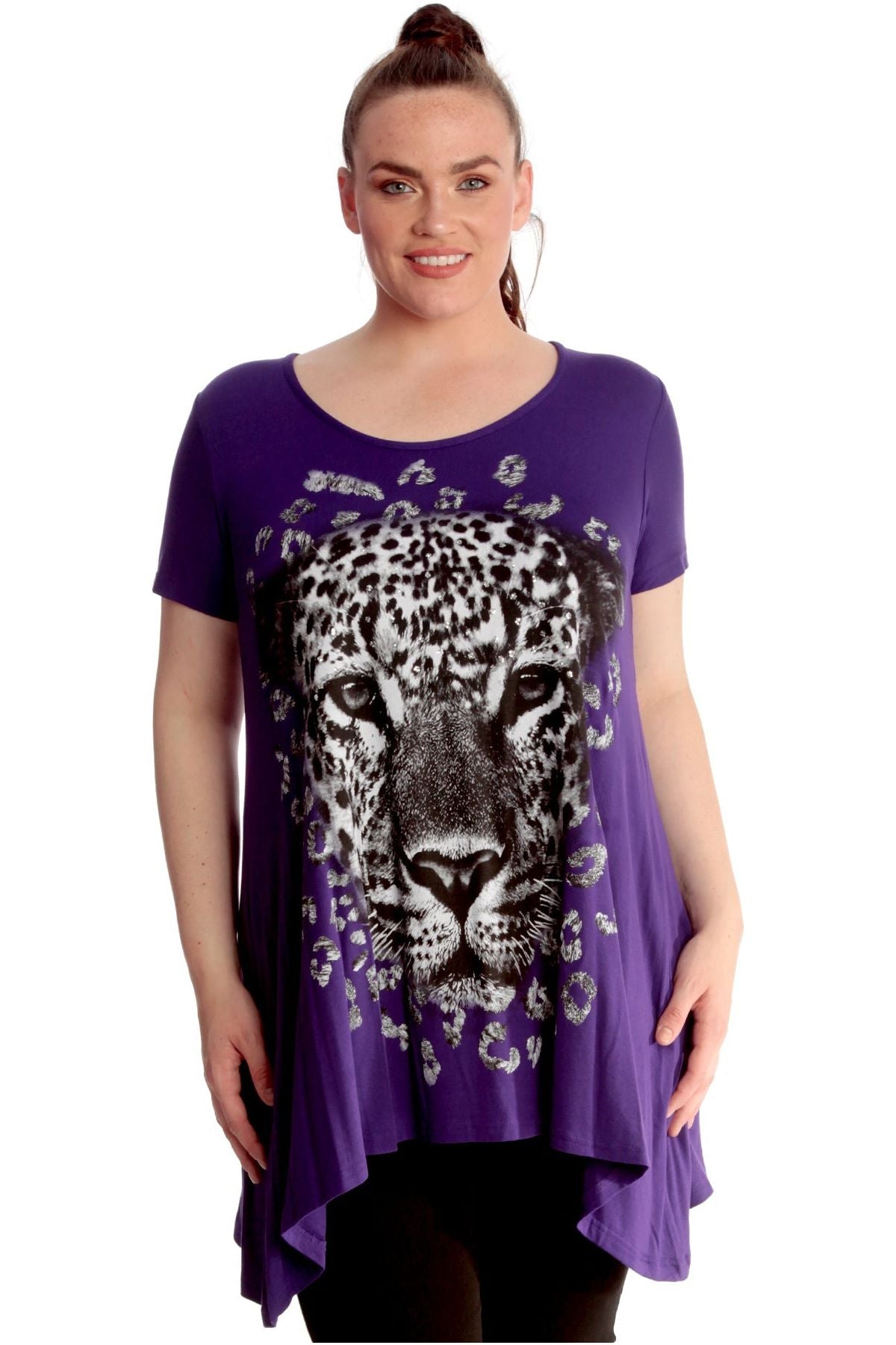 Leopard Print Hanky Hem Short Sleeve Top