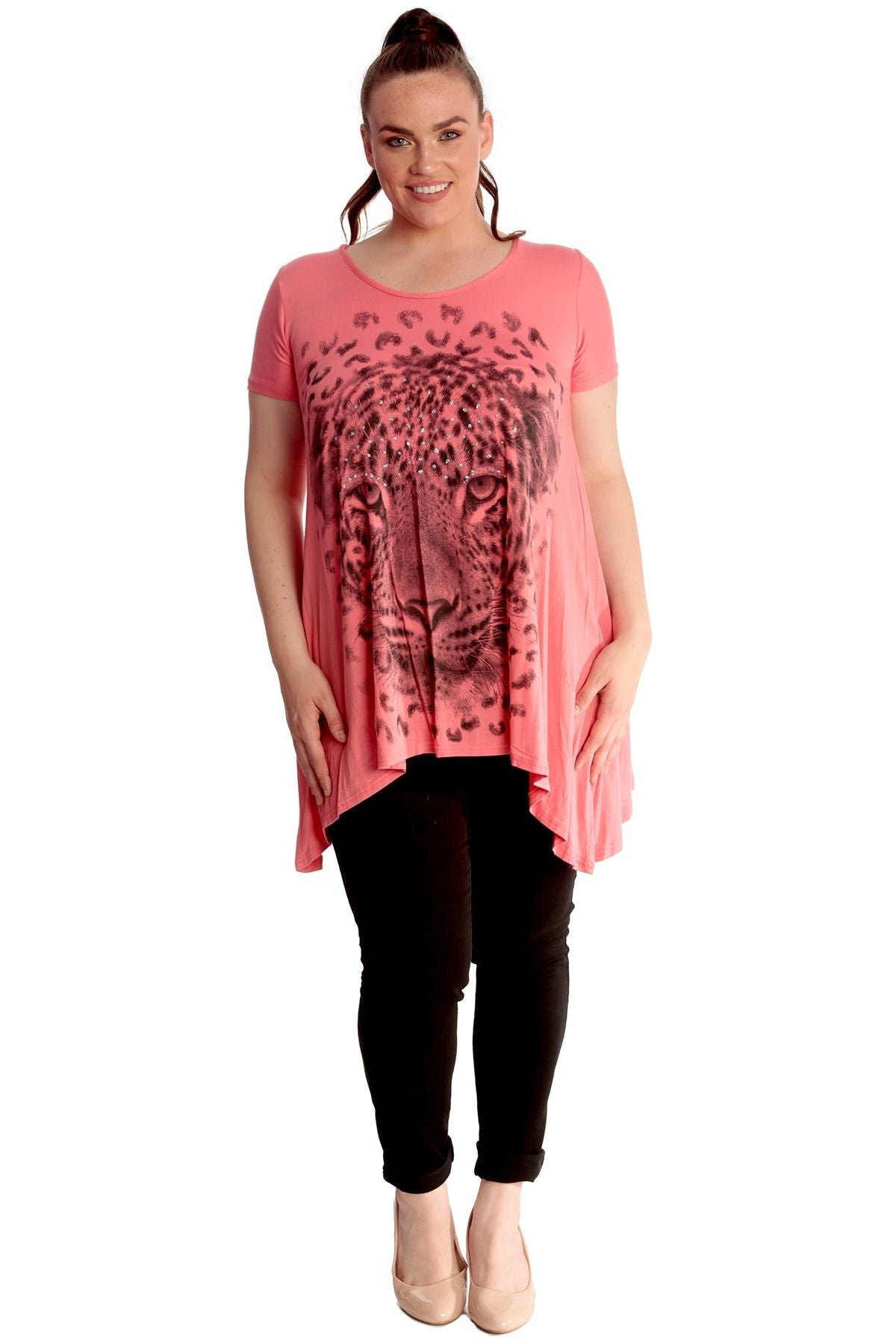 Leopard Print Hanky Hem Short Sleeve Top