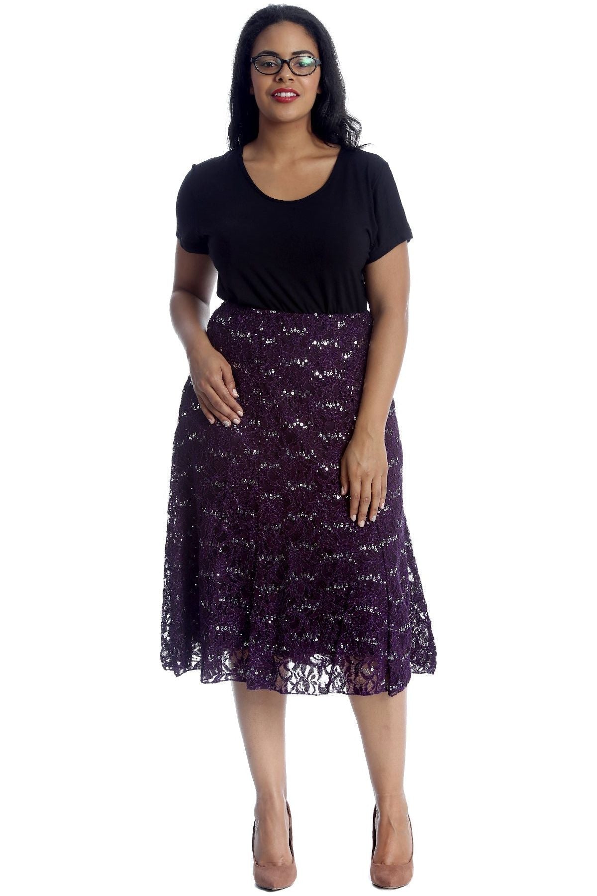 Floral Lace Lined Sequin Flared Midi Skirt Skirt WearAll